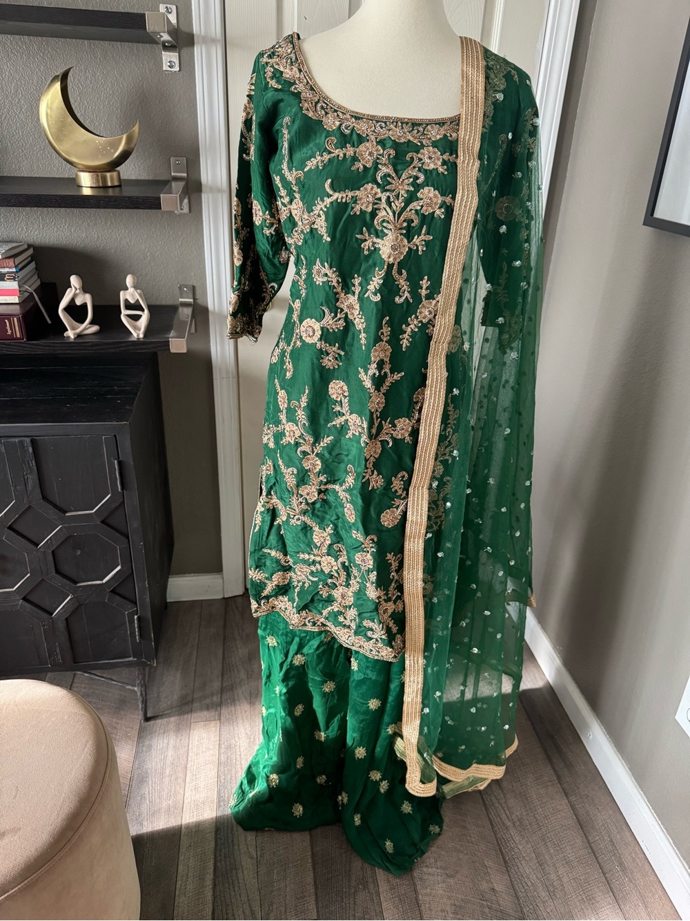 Elegant Green Embroidered Women's palazzo set with Gold Accents